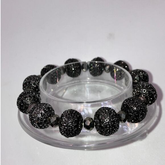 Silver Textured Design Beads with Gray Crystal Spacers Stretch 7" Bracelet! - Picture 5 of 5